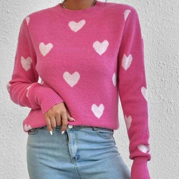 Heart Print Long sleeve Knit Sweater Top pink - Picture 2 of 6
